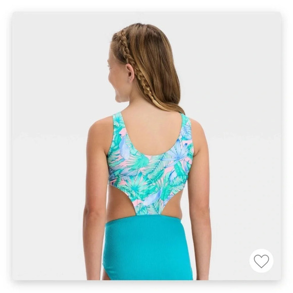 Art Class Girls' Floral Printed Tropical Twist Swimsuit  Light Blue L(10/12) - Picture 7 of 7